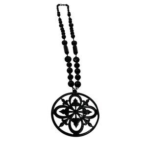 Black Beaded Necklace With Ornate Circle Pendant & Lobster Clasp Goth Statement